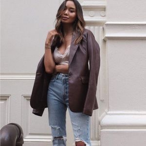 Vegan Leather Blazer - Burgundy/Brown